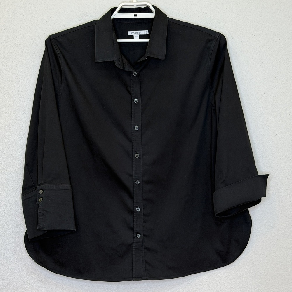 Chico's Button Down Top Sz 4 US 20 Black 3/4 Sleeve Collared Cotton Blend READ